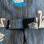 Retro Navy Blue Swan Print Sleeveless Fit and Flare Dress Bow Detail V Neckline Photo 7