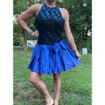Vintage 80s Scarlett Nite Sequin Halter Metallic Fit Flare Mini Prom Dress Blue Photo 1