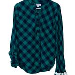 kim rogers  medium women's v-neck blouse plaid blue green button-down roll tab Photo 0