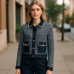 NWT Tweed Jacket with Contrast Denim Trim Button Up Jacket Blazer Medium Blue Photo 1