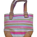 Coach Hampton Pink Striped Canvas Tan Leather Top Zipper Tote Bag Purse 5175 Photo 0