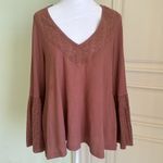 Free People  Parisian Nights Pink Eyelet Bell Sleeve Waffle Knit Top size S Photo 4