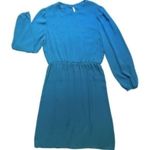 VTG 80s Balloon Long Sleeve Ruffle Midi Dress Blue Pearl Front Accent Women’s 10 Photo 0