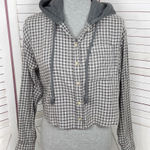 American Eagle Plaid Hoodie Crop Button Up Shirt Grey XS Distressed Shacket Photo 0