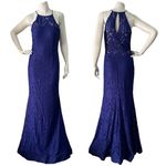 Betsy and Adam  Women 6 Blue Lace High Neck Key Hole Back Mermaid Gown HOCO Dress Photo 1