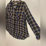 Terra & Sky Navy Tan Plaid Button Down Shirt 0X | Long Sleeve Flannel Style Top Photo 1