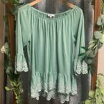 Fever Mint Green Flowy Off Shoulder Top W Eyelet Embroidery Blouse Shirt Large Photo 0