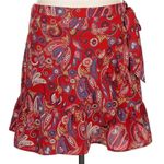 Loft Ann Taylor Red Floral Paisley Mini Wrap Skirt Ruffle Size 12 Large L Photo 0