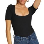 Good American  Bodysuit Women Small Black Ribbed Knit Square Neck Thong Gothic‎ Photo 0