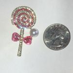 Pink and Gold Tone Rhinestone Faux Pearl Accent Lollipop Brooch Photo 2