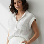 Joie  White Linen Button Front Top‎ Women's Small Crochet Trim Pocket Boho Blouse Photo 0