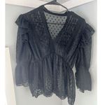 ZARA  Black Swiss Dot Ruffled Scalopped bottom Sheer Blouse Women's Small Photo 1