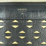 Fossil Logan Zip Around Wallet Black Leather Wristlet Perforated Gold Triangles Photo 2