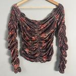 Free People  Reina Floral Velvet Off the Shoulder Top Women's Small Brown Ruched Photo 9