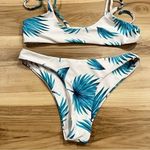 White and Blue Tropical Leaves Two Piece Bikini Women’s Small White Photo 3