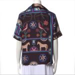Patbo Satin Cordel Print Scarf Pattern Short Sleeve Button Down Peacocks Multi S Photo 1