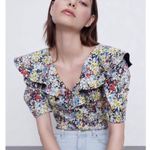 ZARA NWT  Mutlicolored Floral Ruffle Fitted Puff Sleeve Bodysuit Small Photo 1