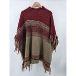 Free People Red Tan Aztec Fringe Knit Poncho Sweater Mock Neck Medium Large Photo 2