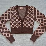Dreamers Women’s Chocolate Brown Tan Pink Plaid Double Knit Cropped Sweater Cardigan Sz S Photo 0