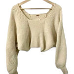 Free People  Distressed Cream Cropped Square Neck Balloon Sleeve Sweater Size M Photo 0