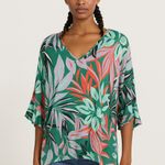 Anne cole  Floral Tropical Oversize V-Neck Top in Green and Black XS Small Photo 0