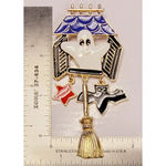 Enameled Haunted House Halloween Brooch Pin with Dangling Bat, Broom, and Star Black Photo 1