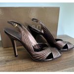 Gucci NEW 8.5 38.5 Sand Pelle S. Cuoio Nappa Silk Brown Bronze Heel Sandals Peep Photo 3