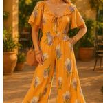 Gigio Karina Mango Flutter Sleeve Floral Lilies Wide Leg Jumpsuit Coral Sz White Size L Photo 0