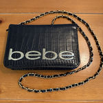 Bebe  Fabiola Stamped Crocodile Faux Leather Crossbody Small Handbag Black Gold Photo 0