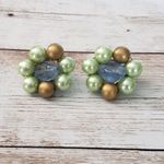Vintage Clip On Earrings 1" Light Green, Blue, Bronze Tone Cluster Photo 0