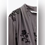 ZARA gray sequin floral embellished surplice wrap flowy long sleeve satin top Photo 5