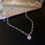 18K White Gold Plated Pink Crystal Love Heart Pendant Choker Necklace for Women Silver Photo 2