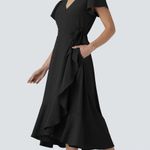 Halara Breezeful Wrapped Tie Ruffle Flowy Quick Dry Midi Casual Dress Black M Photo 0