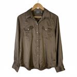 Chico's  Button Down Shirt Womens M Brown Silk Collared Stretch Modest Old Money Photo 1