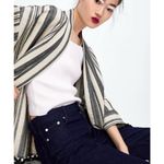 ZARA Ecru Black Stripe Rustic Fringe Tassel Trim Boho Open Front Kimono Size S Photo 4