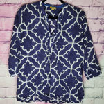 Roberta Roller Rabbit  NAVY WHITE ABSTRACT PRINTED LIGHTWEIGHT POPOVER BLOUSE L Photo 0