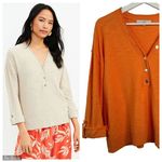 Loft Size M Sweater Roll Tab Henley Women’s Orange Knit Long Tab Sleeve V-neck Photo 1