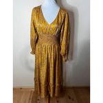 Outerknown  Womens Midi Dress Mustard Yellow Floral Smocked Waist Boho Tiered MED Photo 1