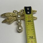 Monet Signed Costume Brooch Pin - Gold Tone Faux Pearl Dragonfly Insect Photo 2