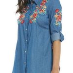 Calessa Women’s Size S Tunic Top Shirt Embroidered Button Down Blue Long Sleeve Photo 0