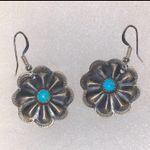 Handmade Navajo Sterling Silver Turquoise Old Look Stamp Dangle Concho Earrings. Photo 1