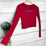 Hollister  Long Sleeve Baby Tee Red with Embroidered Butterflies Size Small Photo 5