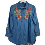 Calessa Women’s Size S Tunic Top Shirt Embroidered Button Down Blue Long Sleeve Photo 1