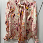 Julie Brown  NYC Womens Blouse Small Funky Hippie Disco Bow Tie Flare Pink Orange Photo 0
