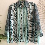 Animal zebra print multicolored colorful lace fringe detail long sleeve lightweight snap closure collared shirt blouse Size M Photo 0