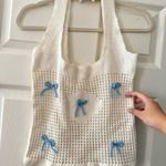 Blue Bow Cream Crochet Tote Bag White Photo 0