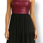 Dress the Population  Kady Dress Womens Size S Merlot Red Sequin Midi Tulle Dot Photo 0