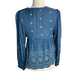 Rachel Zoe Embroidered Peasant Top S Blue Balloon Sleeve V Neck Eyelet Rayon Photo 3