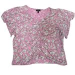 Cato Pink Floral Ruched V-Neck Short Sleeve Top – Women’s Size XL – Soft Stretchy Knit Photo 1