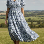 Max Studio  V-Neck Puff Sleeve Tiered Dress Size Small Blue Floral Summer Maxi Photo 0